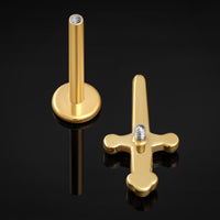 Labret en titane fileté en interne avec épée dorée sertie de pierres transparentes, calibre 1.2mm