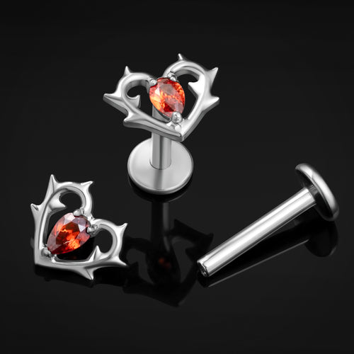 Red Jewelled Thorn Heart Internally Threaded Titanium Labret Stud 1.2mm Gauge