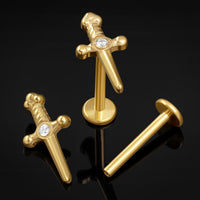 Labret en titane fileté en interne avec épée dorée sertie de pierres transparentes, calibre 1.2mm