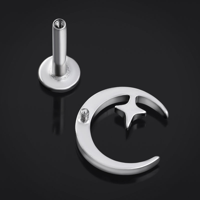 Piercing labret, argent, lune et étoile, filetage interne, titane, calibre 1,2 mm