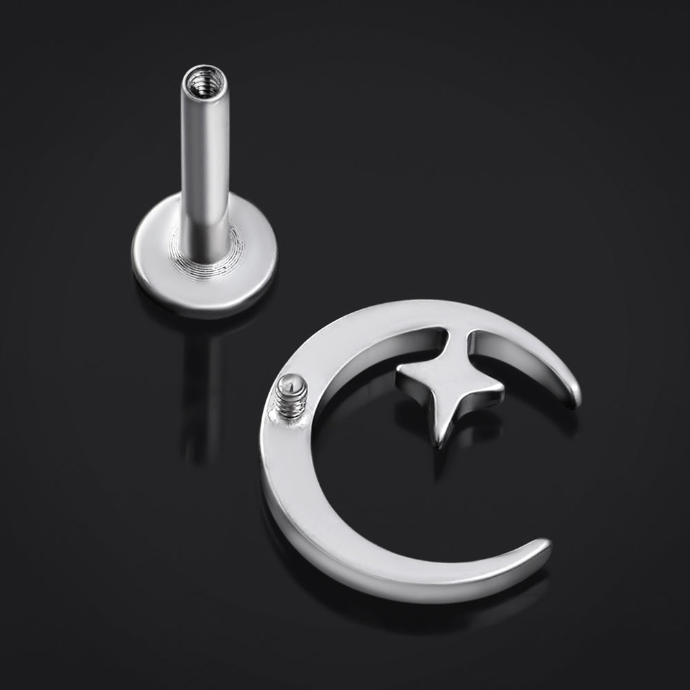 Silver Moon And Star Internally Threaded Titanium Labret Stud 1.2mm Gauge - Silver Moon And Star Labret Stud- 6mm / 8mm / 10mm Internally Threaded / Body Jewellery / Lip / Nose / Ear Labret