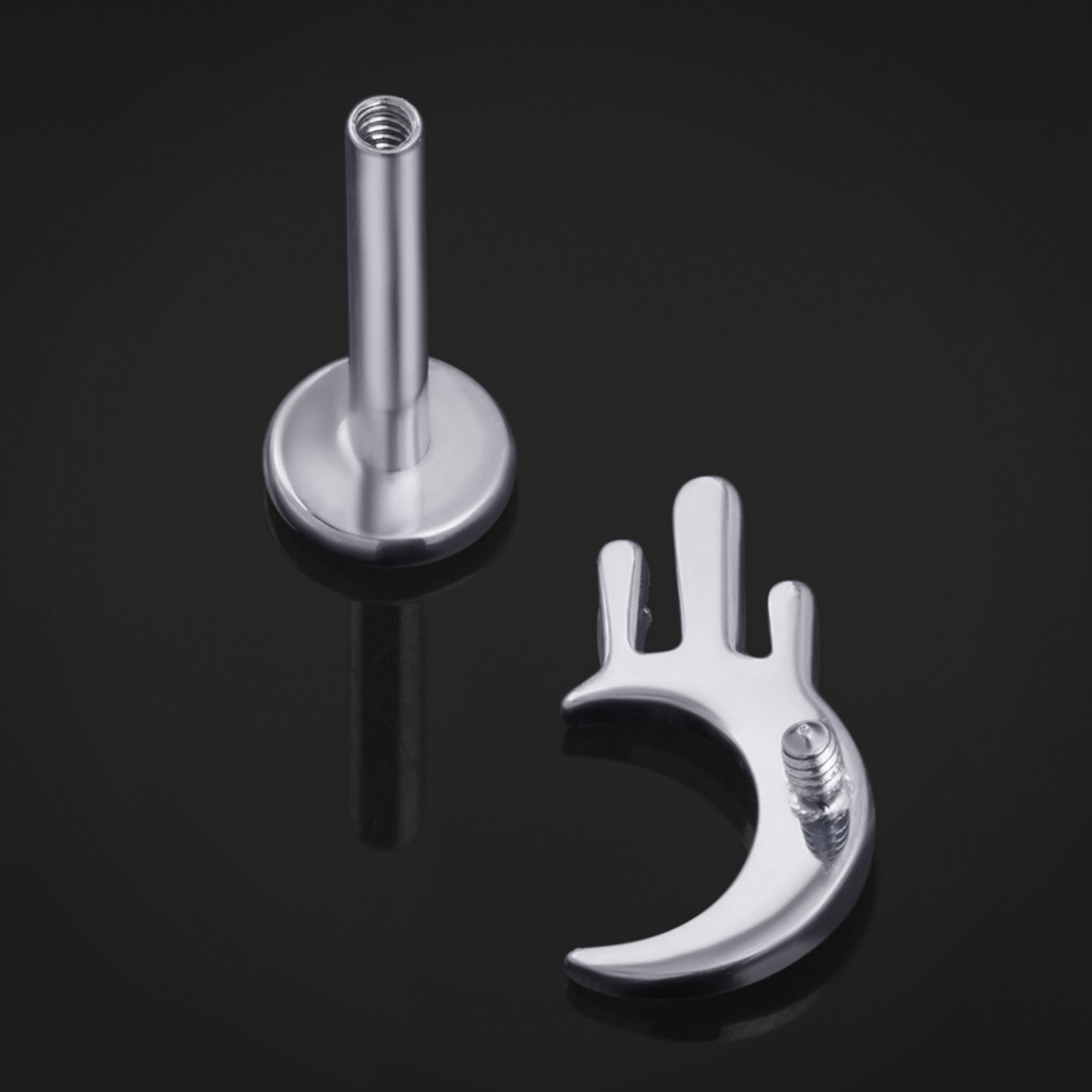 Labret Stud, Silver, Drippy Moon, Internally Threaded, Titanium,1.2mm