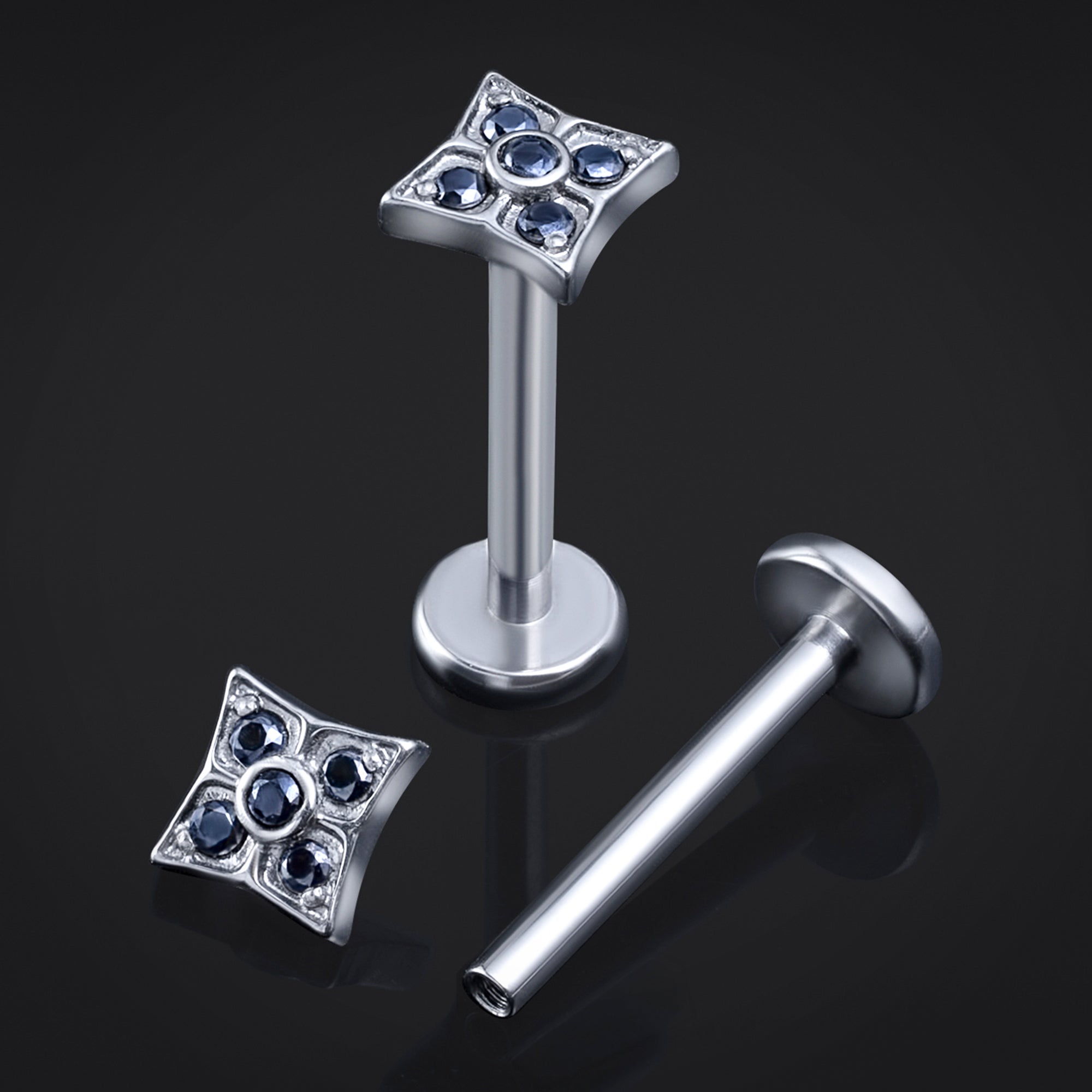 ASTM F136 Titanium, Silver, Geometric Quatrefoil, Black Cz Stone, Labret Stud