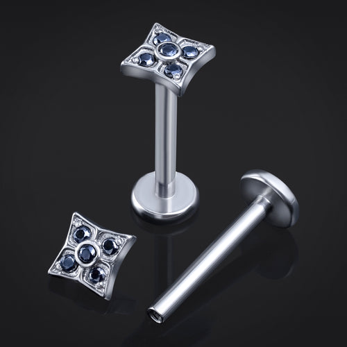 ASTM F136 Titanium, Silver, Geometric Quatrefoil, Black Cz Stone, Labret Stud