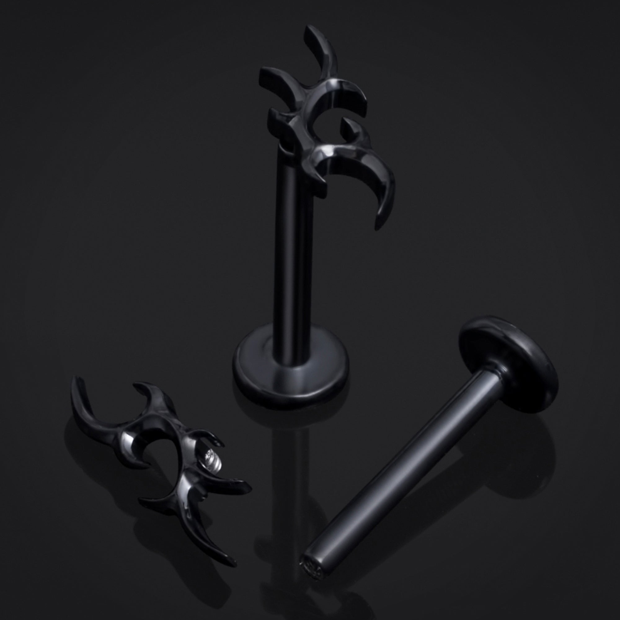 Black, Spiked Tribal, Internally Threaded, Labret Stud, ASTM F136 Titanium, 1.2mm