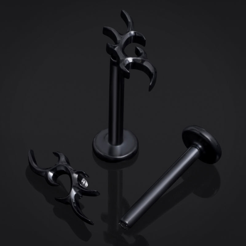 Noir, tribal à pointe, filetage interne, labret, titane ASTM F136, 1.2mm