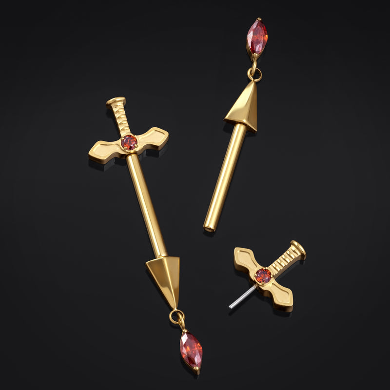 Barre de téton en titane sans filetage, épée dorée sertie de pierres rouges, 1,6 mm
