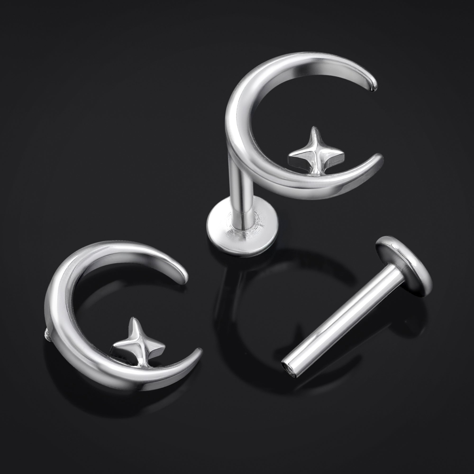 Labret Stud, Silver, Moon and Star, Internally Threaded, Titanium, 1.2mm Gauge