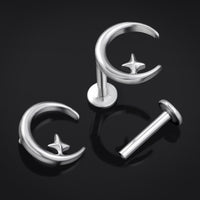 Piercing labret, argent, lune et étoile, filetage interne, titane, calibre 1,2 mm