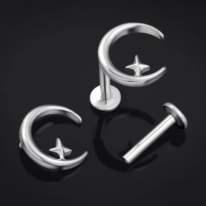Piercing labret, argent, lune et étoile, filetage interne, titane, calibre 1,2 mm