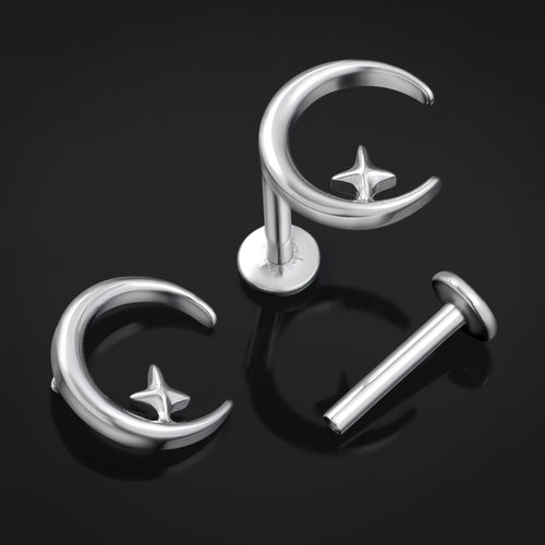 Silver Moon And Star Internally Threaded Titanium Labret Stud 1.2mm Gauge