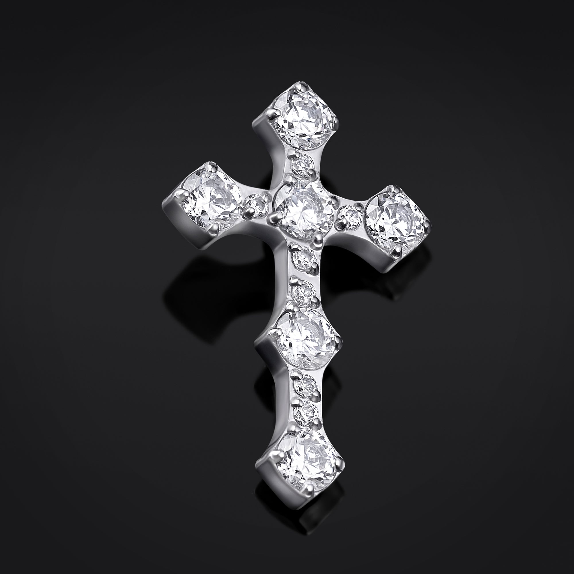 Embout de labret, argent, croix sertie de pierres transparentes, filetage interne, titane