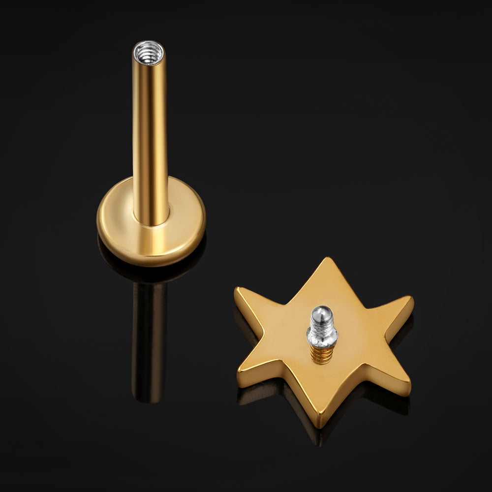 Gold Hexagram Internally Threaded Titanium Labret Stud 1.2mm Gauge - Gold Hexagram Labret Stud- 6mm / 8mm / 10mm Internally Threaded / Body Jewellery / Lip / Nose / Ear Labret