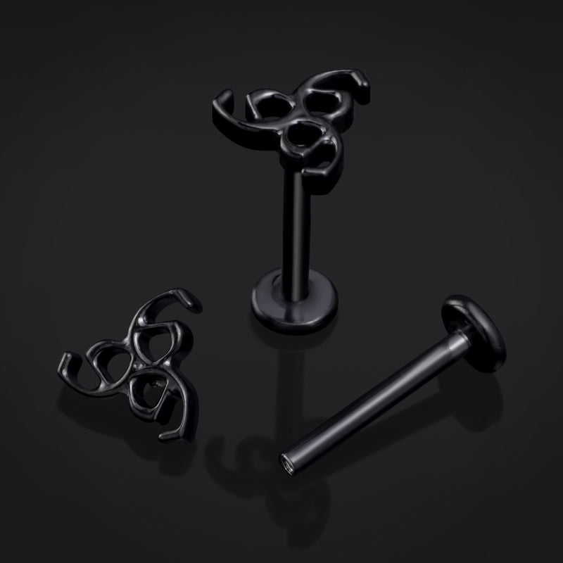 Piercing labret, noir, motif 666, filetage interne, titane, calibre 1.2mm