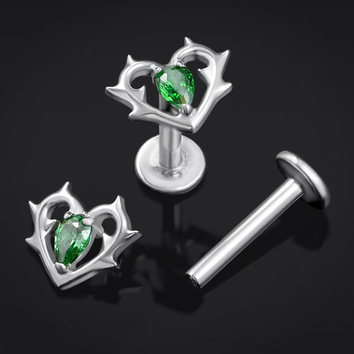 Green Jewelled Thorn Heart Internally Threaded Titanium Labret Stud 1.2mm Gauge