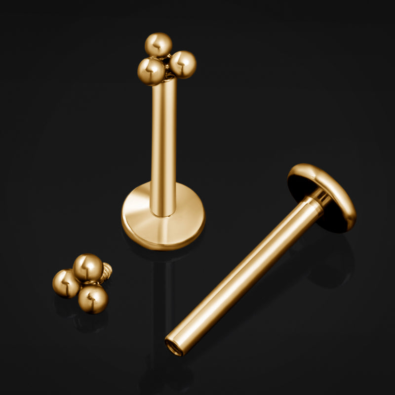 Labret en titane fileté intérieurement, triple point doré, calibre 1,2 mm