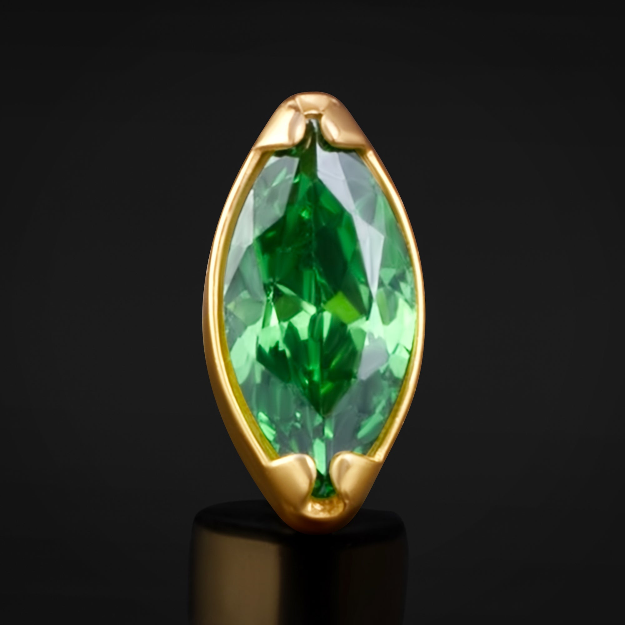 Labret Top, Gold, Green Marquise Jewel , Internally Threaded, Titanium