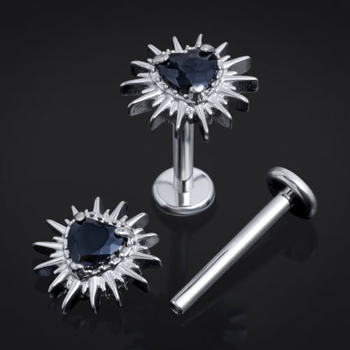 Silver, Spiked Heart, Black Jewel, Internally Threaded, Titanium, Labret Stud