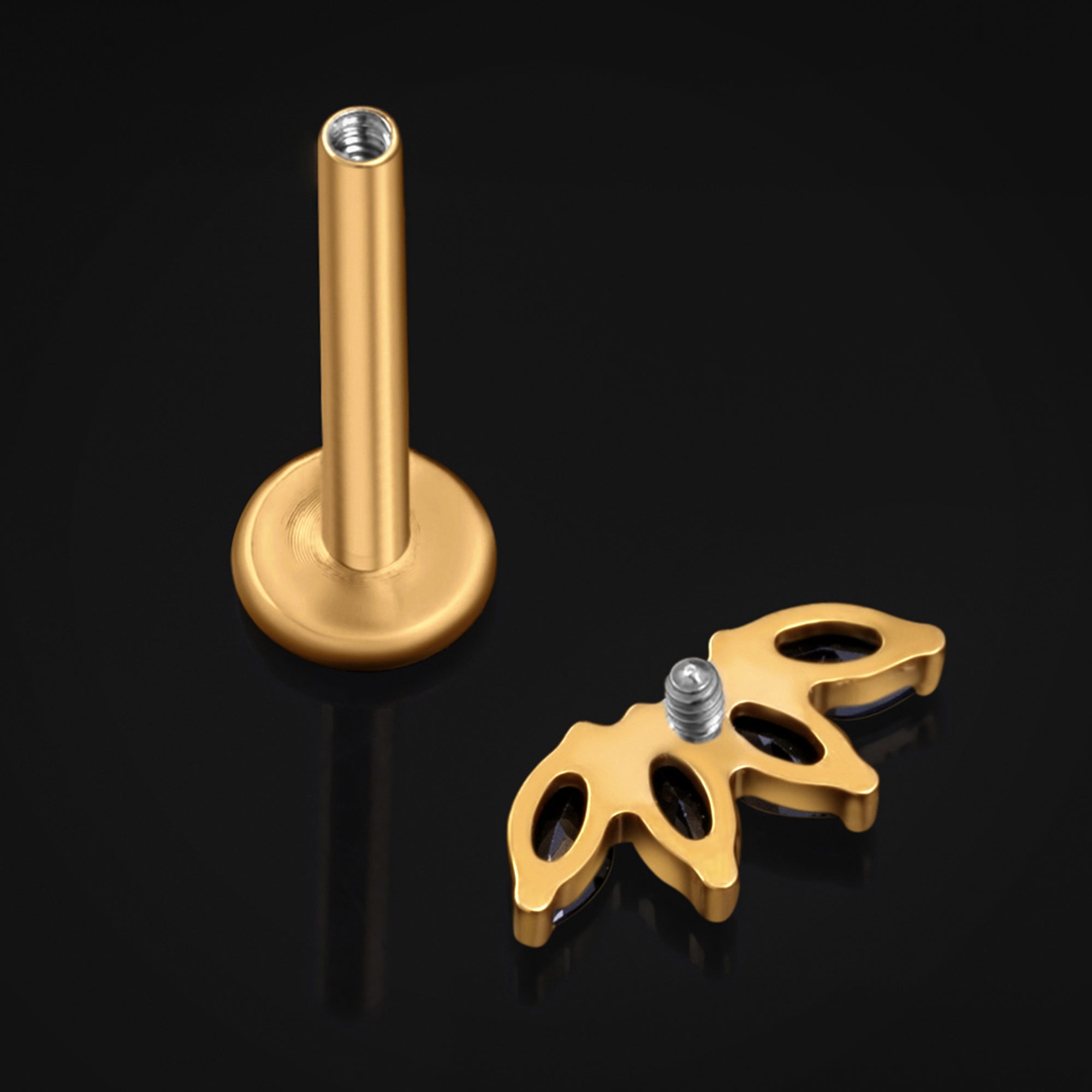 Labret Stud, Gold, Half Flower with Black CZ Stone, Internally Threaded, Titanium, 1.2mm Gauge
