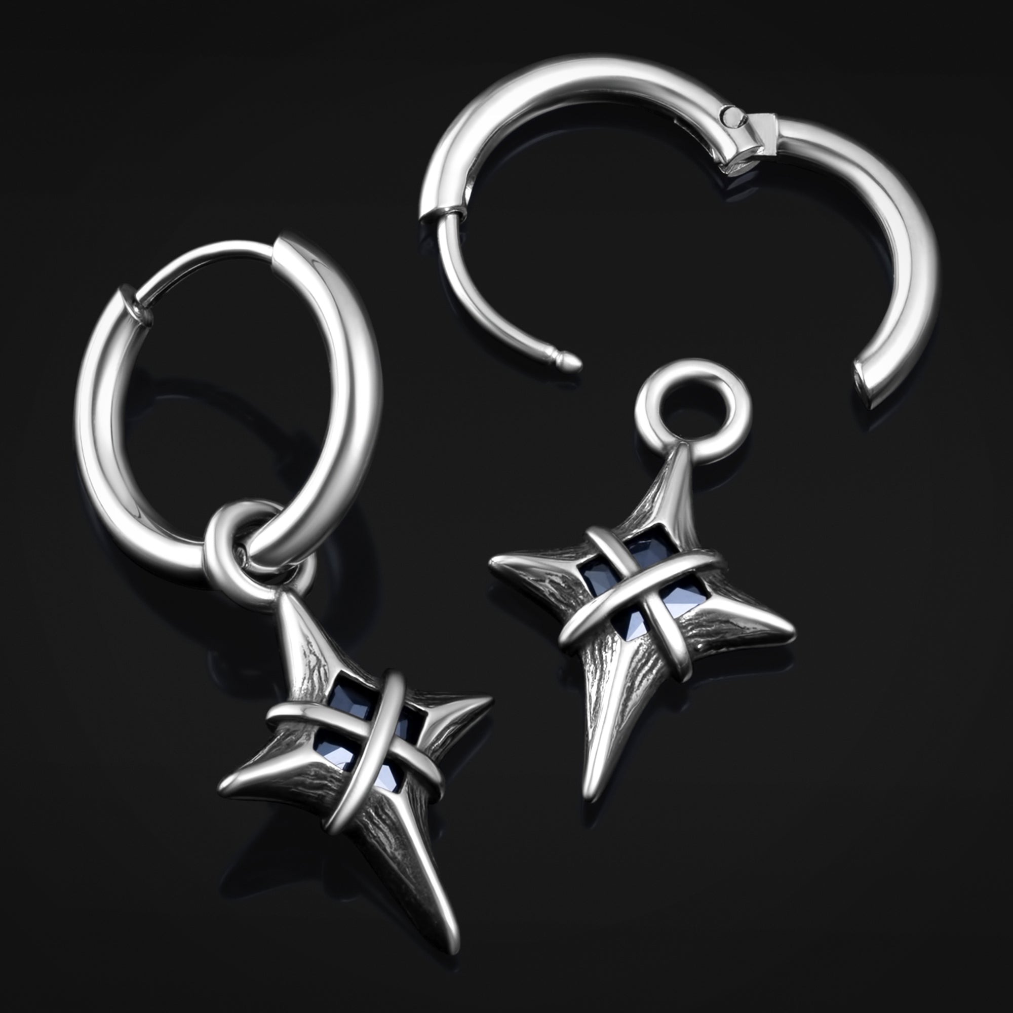 Huggie Hoop Earrings, Silver, Dangle Sword with Black Gem, Steel - Pair