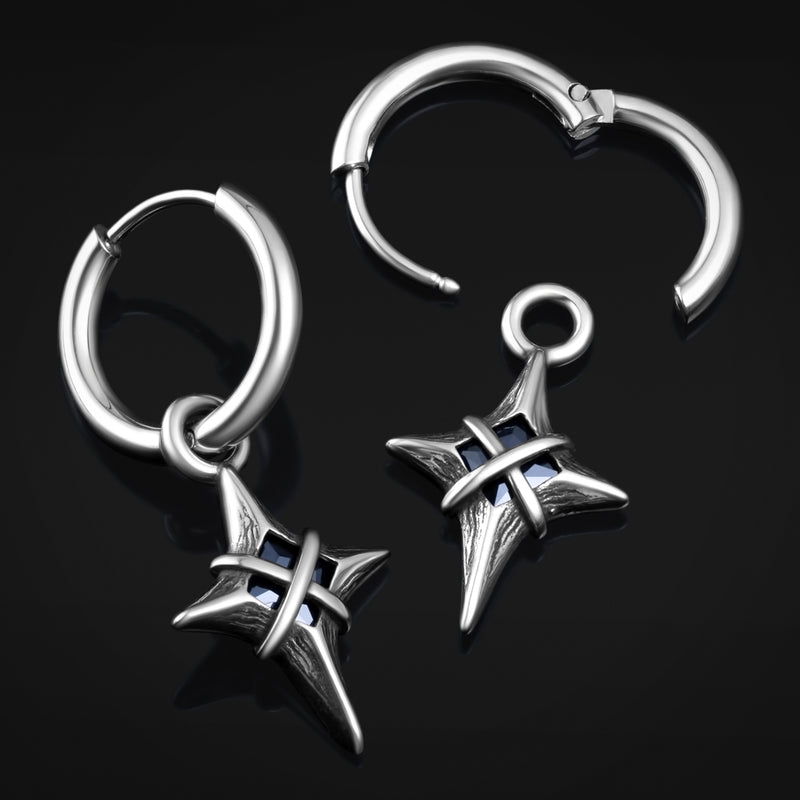 Gothic Cross Star Hoop Earrings, Alternative Jewellery, Stainless Steel - Pair
