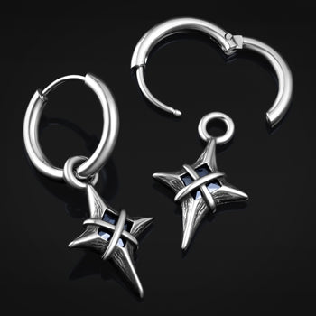 Gothic Cross Star Hoop Earrings, Alternative Jewellery, Stainless Steel - Pair