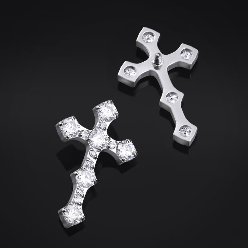 Embout de labret, argent, croix sertie de pierres transparentes, filetage interne, titane