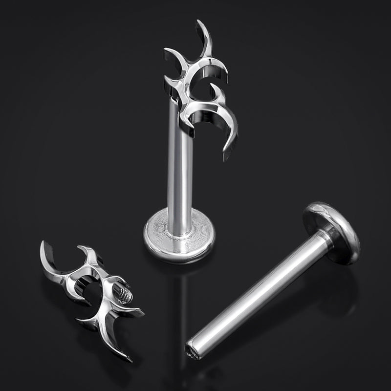Silver, Tribal à pointes, filetage interne, labret, titane ASTM F136, 1.2mm