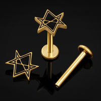 Labret Stud, Gold, Hexagram, Internally Threaded, Titanium, 1.2mm Gauge
