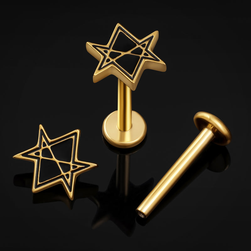 Labret Stud, Gold, Hexagram, Internally Threaded, Titanium, 1.2mm Gauge