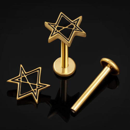 Gold Hexagram Internally Threaded Titanium Labret Stud 1.2mm Gauge