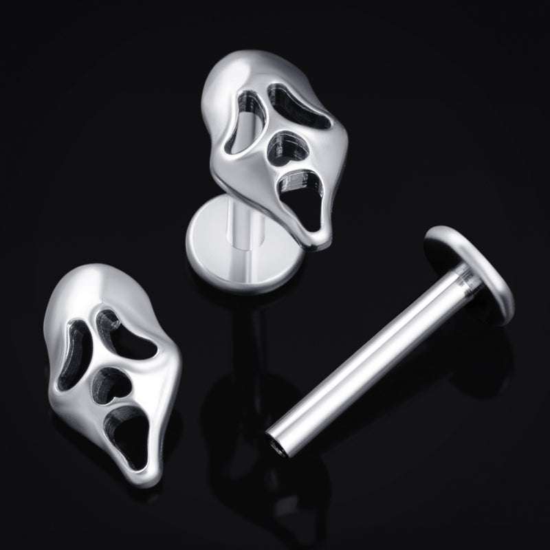 Piercing labret en titane argenté Ghost Face à filetage interne, calibre 1,2 mm