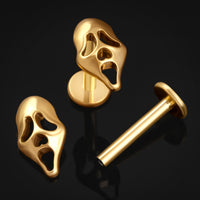 Piercing labret en titane à filetage interne Gold Ghost Face, calibre 1,2 mm