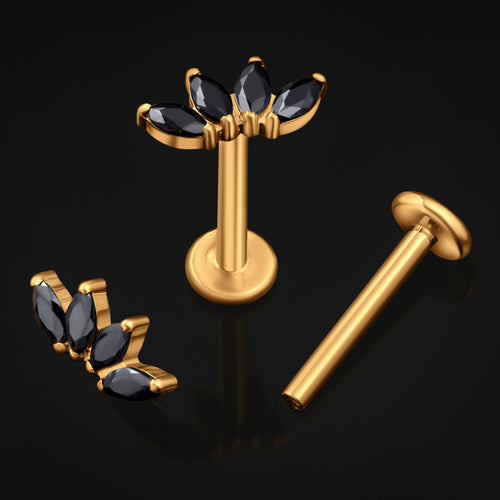 Gold Half Flower Black CZ Stone Internally Threaded Titanium Labret Stud 1.2mm Gauge