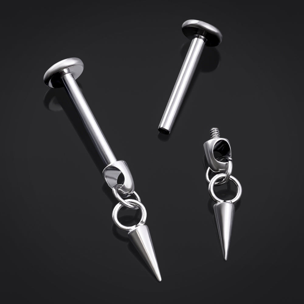 Titanium Internally Threaded Silver Spike Dangle Labret Stud 1.2mm Gauge - Internally Threaded Titanium Silver Spike Dangle Labret Piercing - 6mm/8mm/10mm Internally Threaded / Alternative Jewellery / Lip / Nose / Ear  