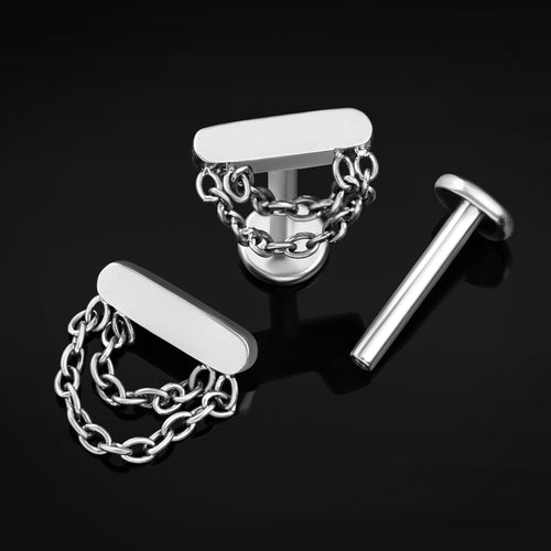 Titanium Internally Threaded Silver Bar Labret Stud With Chain Dangle 1.2mm Gauge
