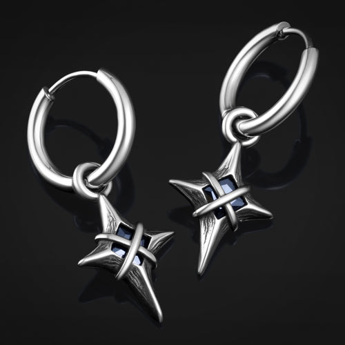 Gothic Cross Star Hoop Earrings, Alternative Jewellery, Stainless Steel - Pair