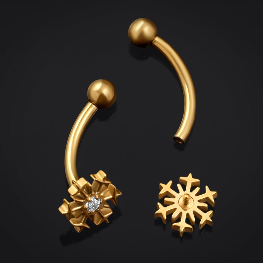 Gold Jewelled Snowflake Vertical Labret Internally Threaded Titanium Curved Barbell 1.2mm Gauge - Gold Jewelled Snowflake Vertical Labret Internally Threaded Titanium Curved Barbell 1.2mm Gauge / Rook / Eyebrow / Tragus Piercing Jewellery
