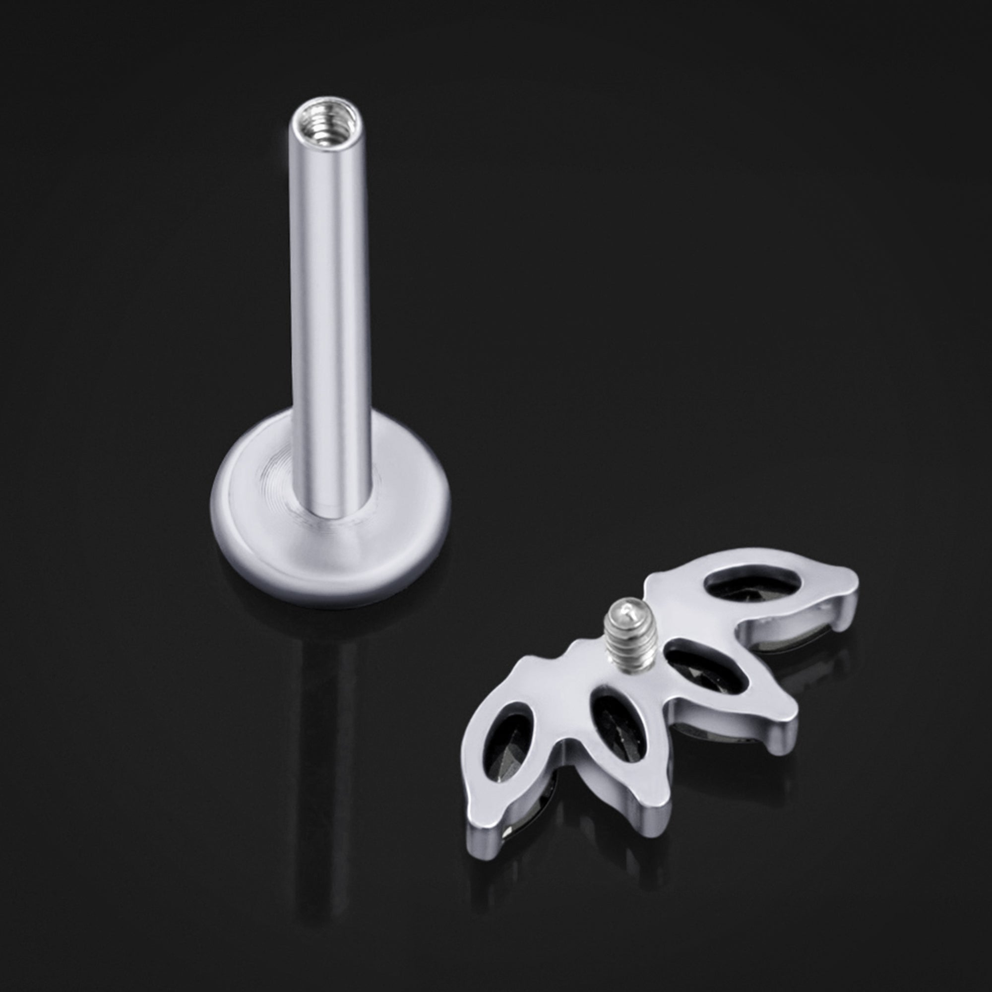 Labret Stud, Silver, Half Flower Black CZ Stone, Titanium, Internal Thread, 1.2mm Gauge