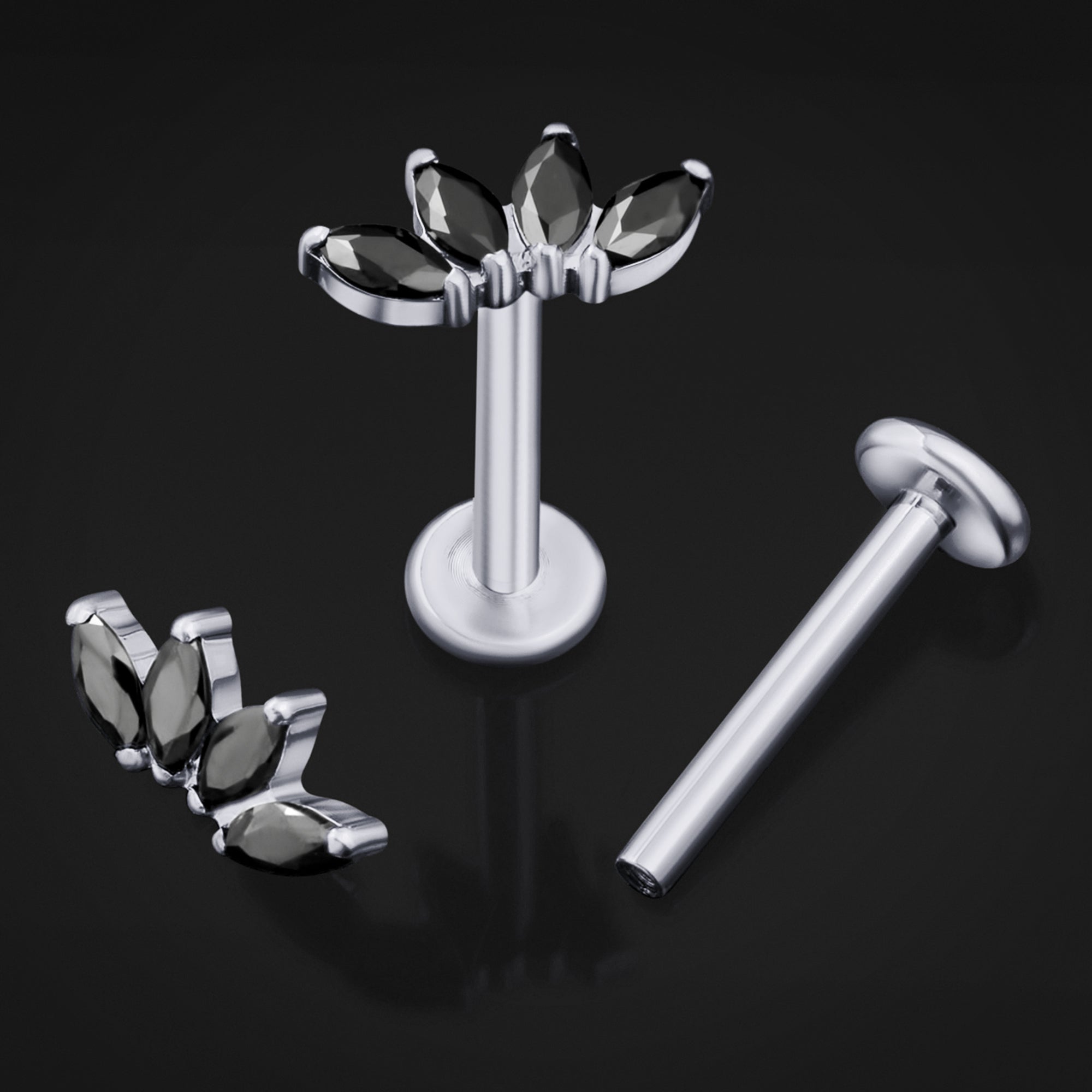 Labret Stud, Silver, Half Flower Black CZ Stone, Titanium, Internal Thread, 1.2mm Gauge