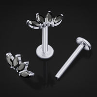 Labret, argent, pierre CZ noire demi-fleur, titane, filetage interne, calibre 1,2 mm