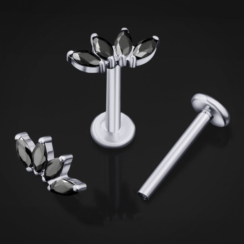 Labret, argent, pierre CZ noire demi-fleur, titane, filetage interne, calibre 1,2 mm