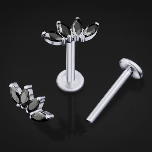 Silver Half Flower Black CZ Stone Internally Threaded Titanium Labret Stud 1.2mm Gauge