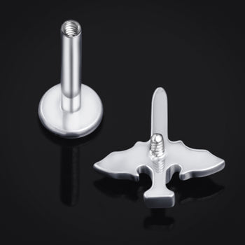 Silver Jewelled Bat Wing Sword Labret Stud Internally Threaded Titanium 1.2mm Gauge