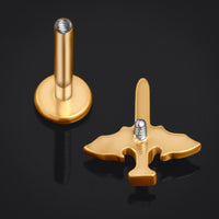 Labret en titane à filetage interne avec épée et aile de chauve-souris ornée de pierres dorées, calibre 1.2mm