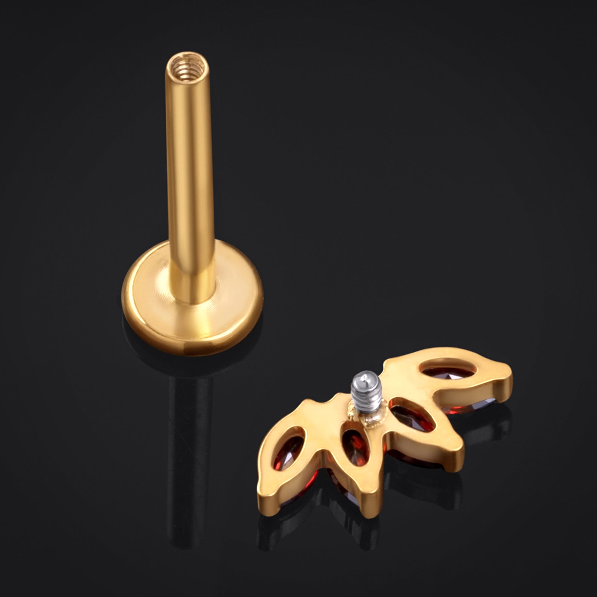 Labret Stud, Gold, Half Flower with Red CZ Stone, Internally Threaded, Titanium, 1.2mm Gauge