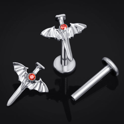 Silver Jewelled Bat Wing Sword Labret Stud Internally Threaded Titanium 1.2mm Gauge