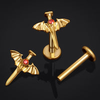 Labret en titane à filetage interne avec épée et aile de chauve-souris ornée de pierres dorées, calibre 1.2mm