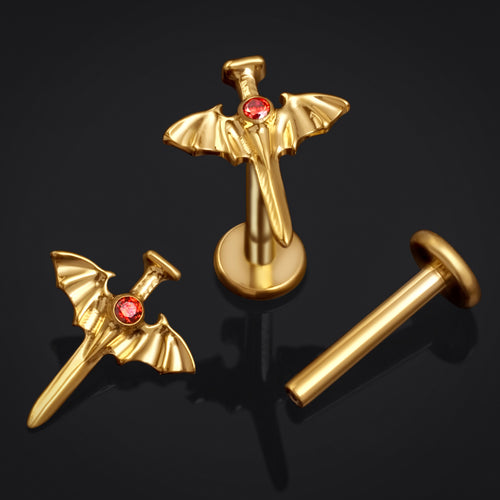 Gold Jewelled Bat Wing Sword Labret Stud Internally Threaded Titanium 1.2mm Gauge
