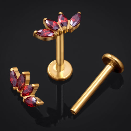 Gold Half Flower Red CZ Stone Internally Threaded Titanium Labret Stud 1.2mm Gauge